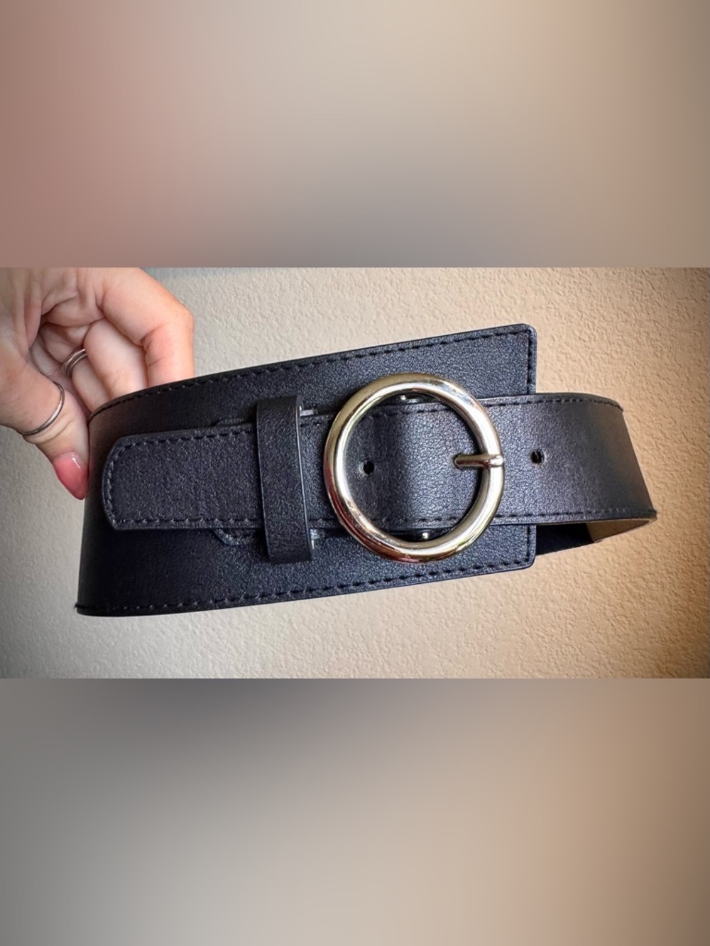 Black Waistband Belt Silver Hardware Buckle Asymmetrical Shape